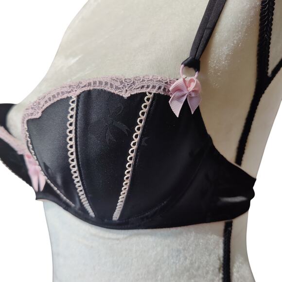 Vintage Victoria Secret Sz 36B Sexy Little Things Black Pink Bow Balconette Bra - Picture 3 of 7